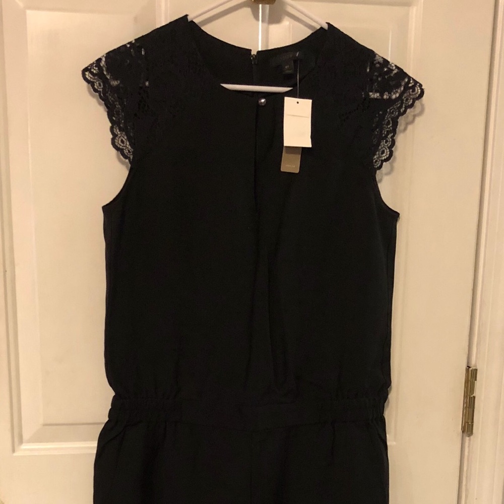 J. CREW BLACK DRAPEY JUMPSUIT WITH LACE SLEEVES.